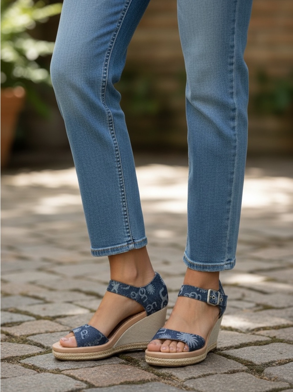 UGG Denim Blue Espadrille Wedge Sandals with Ankle Strap